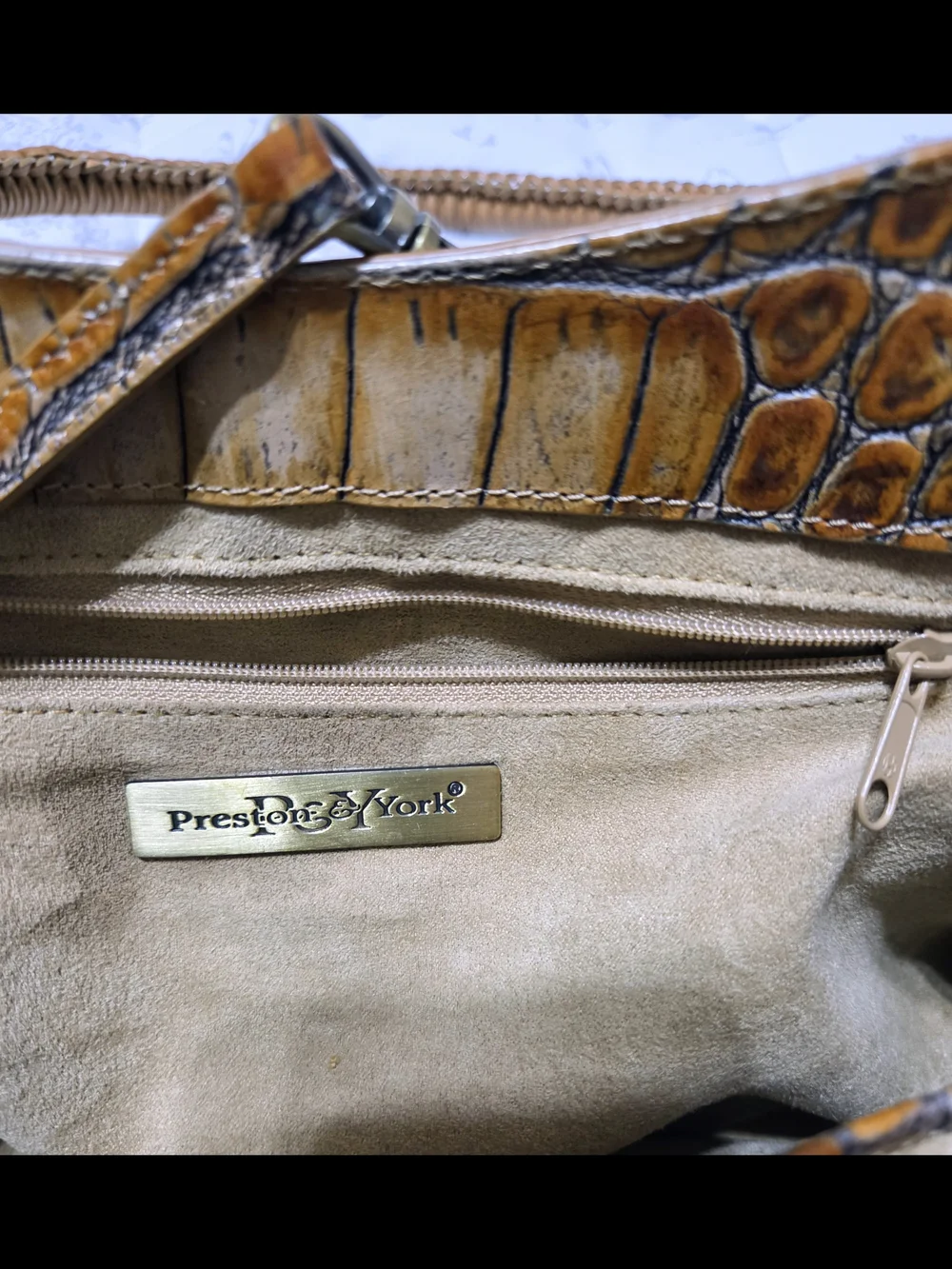 Preston & York Brown Croc Embossed Small Satchel Top Handle Zip Gold Hardware